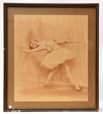 an old picture of a ballerina in a tutu with a sword