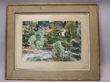 painting of a landscape with a river and houses in the distance