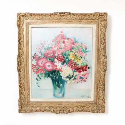 une peinture à l'huile représentant un vase de fleurs sur un mur blanc