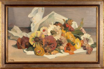 painting of a bunch of flowers on a table next to a vase