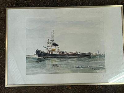 peinture représentant un remorqueur dans l'eau, avec un bateau en arrière-plan