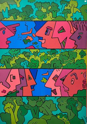 painting of a group of people with different faces on a colorful background