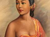 a painting of a woman in a red dress with a flower in her hair