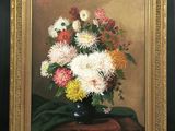 an oil painting of a vase of flowers on a table