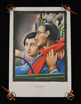 tableau représentant un homme et une femme dans une voiture, avec un paysage urbain en arrière-plan
