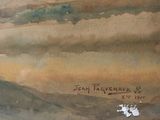 a watercolor painting of a mountain scene with clouds