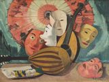 une peinture représentant une nature morte avec des masques, une guitare et un parapluie