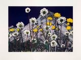 painting of yellow and white flowers with a mountain in the background