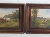 pair of oil paintings of cattle in a field with a man and a woman