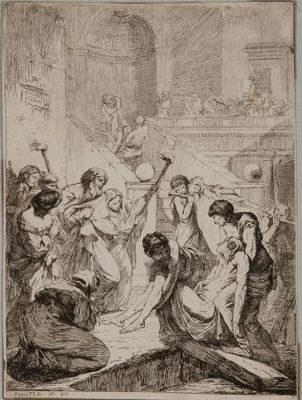 un dessin en noir et blanc d'un groupe de personnes dans une pièce