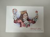 drawing of a man with a crown on his head holding a balloon