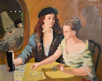 a painting of a woman and a child sitting at a table