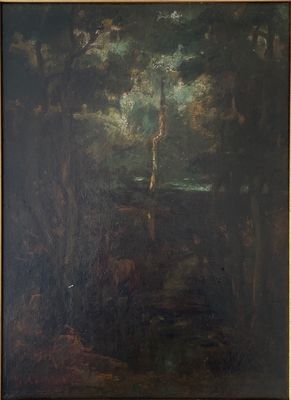une image représentant un tableau représentant une scène de forêt avec une personne au premier plan