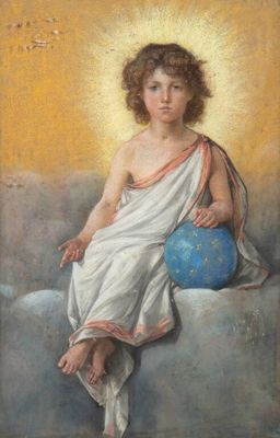 a painting of a child sitting on a cloud holding a blue ball