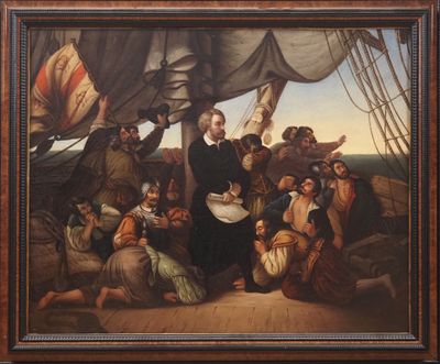 une peinture à l'huile représentant un groupe de personnes sur un bateau