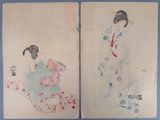 two paintings of a woman in a kimono dress and a man in a kimono