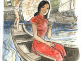 tableau représentant une femme en robe rouge assise dans un bateau, un parapluie à la main