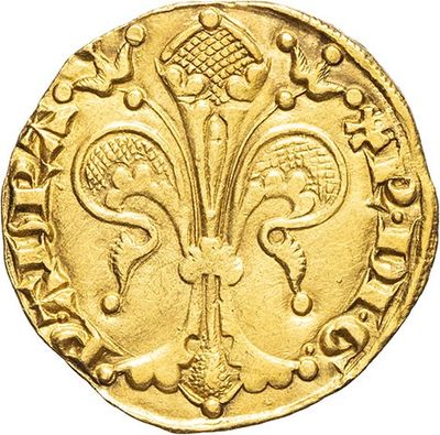 a close up of a gold coin with a fleur on it