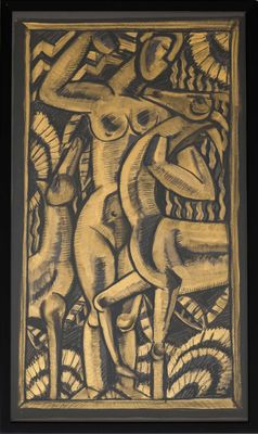 tableau représentant une femme et deux cerfs dans une forêt