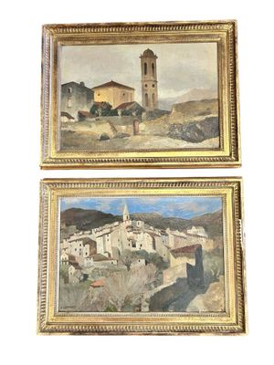 two paintings of a village and a church in a gold frame