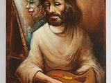 painting of a man holding a palette with a clown behind him