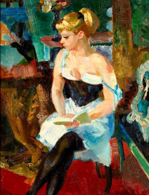une peinture à l'huile représentant une femme assise sur une chaise devant un miroir