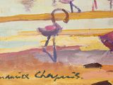 a painting of flamingos on the beach by the water