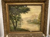 an oil painting of a river scene with trees and mountains in the background