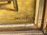 an oil painting of a man sitting on a bench in front of a bench