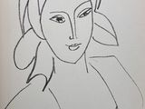 an ink drawing of a woman with a hat on her head
