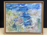 une peinture représentant une peinture d'eau et de plantes posées sur une table