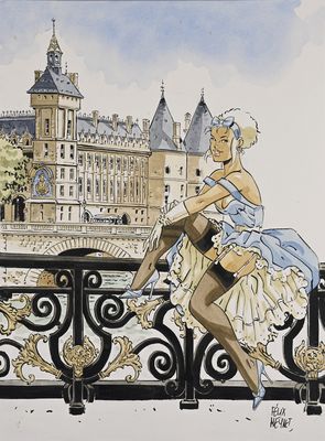 un tableau représentant une femme assise sur une clôture