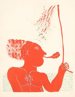 drawing of a woman blowing bubbles with a stick in her hand