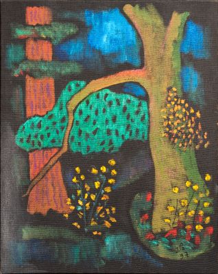 painting of a painting of a tree and a bird in a forest