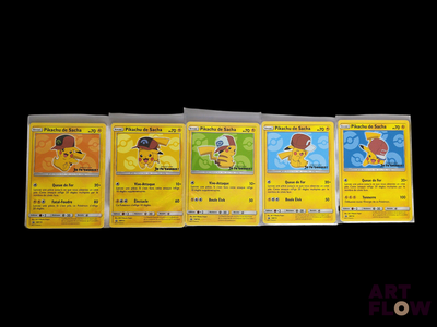 five pokemon cards on a black background one is yellow and the other is blue