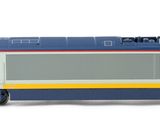 a blue and yellow train on the tracks on a white background