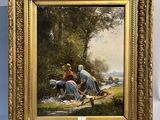 une peinture à l'huile représentant deux femmes assises sur une couverture dans un environnement boisé