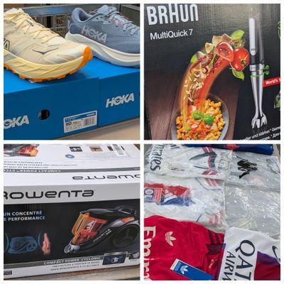 plusieurs photos différentes d'une boîte de nourriture et d'une paire de chaussures
