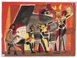 une image d'une peinture représentant un groupe de personnes jouant des instruments