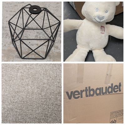 four pictures of a teddy bear that is in a box