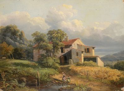 une vieille peinture représentant une maison sur une colline, avec une rivière au premier plan