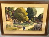 painting of a woman walking down a road with a horse in the background