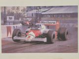 painting of a man driving a racing car on a track