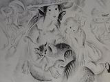 dessin au crayon représentant une femme avec un chat et d'autres animaux