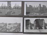 several black and white photos of a city with a clock tower