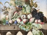 un tableau représentant un panier de fruits posé sur un rebord