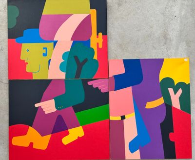 three paintings of people with different colors and shapes on a wall