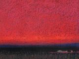 tableau représentant un ciel rouge au-dessus d'un champ d'herbe, avec une grange au loin