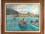 tableau représentant un homme dans un bateau sur l'eau, avec une ville en arrière-plan