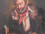 painting of a man sitting at a table with a bottle of wine